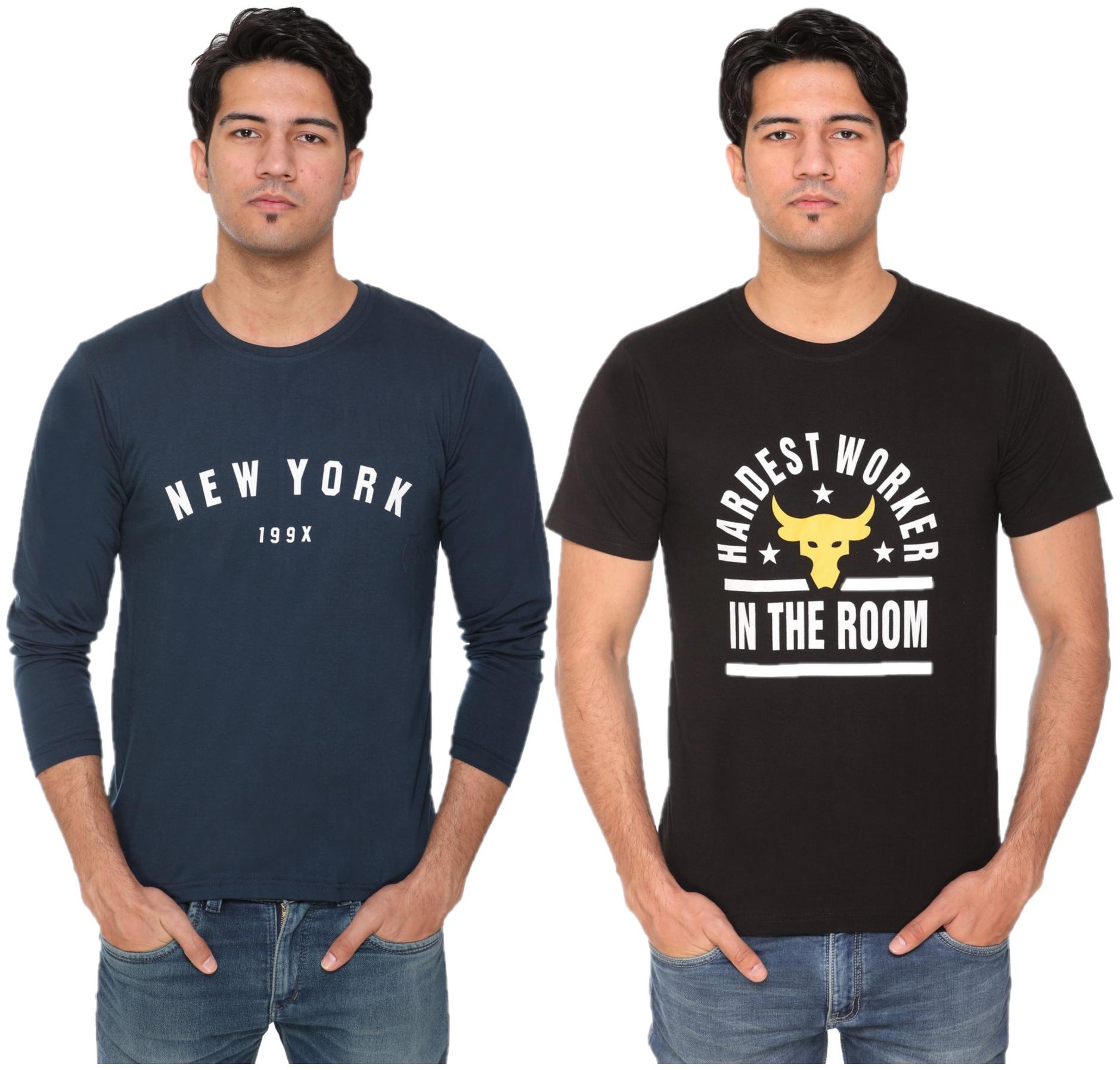 

HVBK Men Black Blue Regular fit Cotton Blend Round neck T-Shirt - Pack Of 2