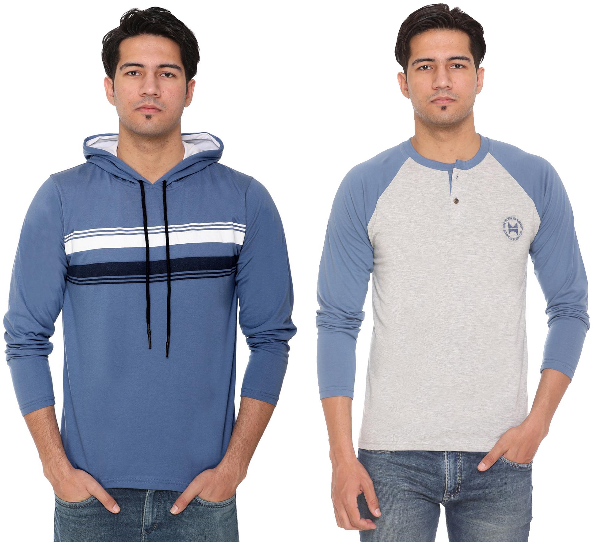 

HVBK Men Blue Grey Regular fit Cotton Blend Hood T-Shirt - Pack Of 2