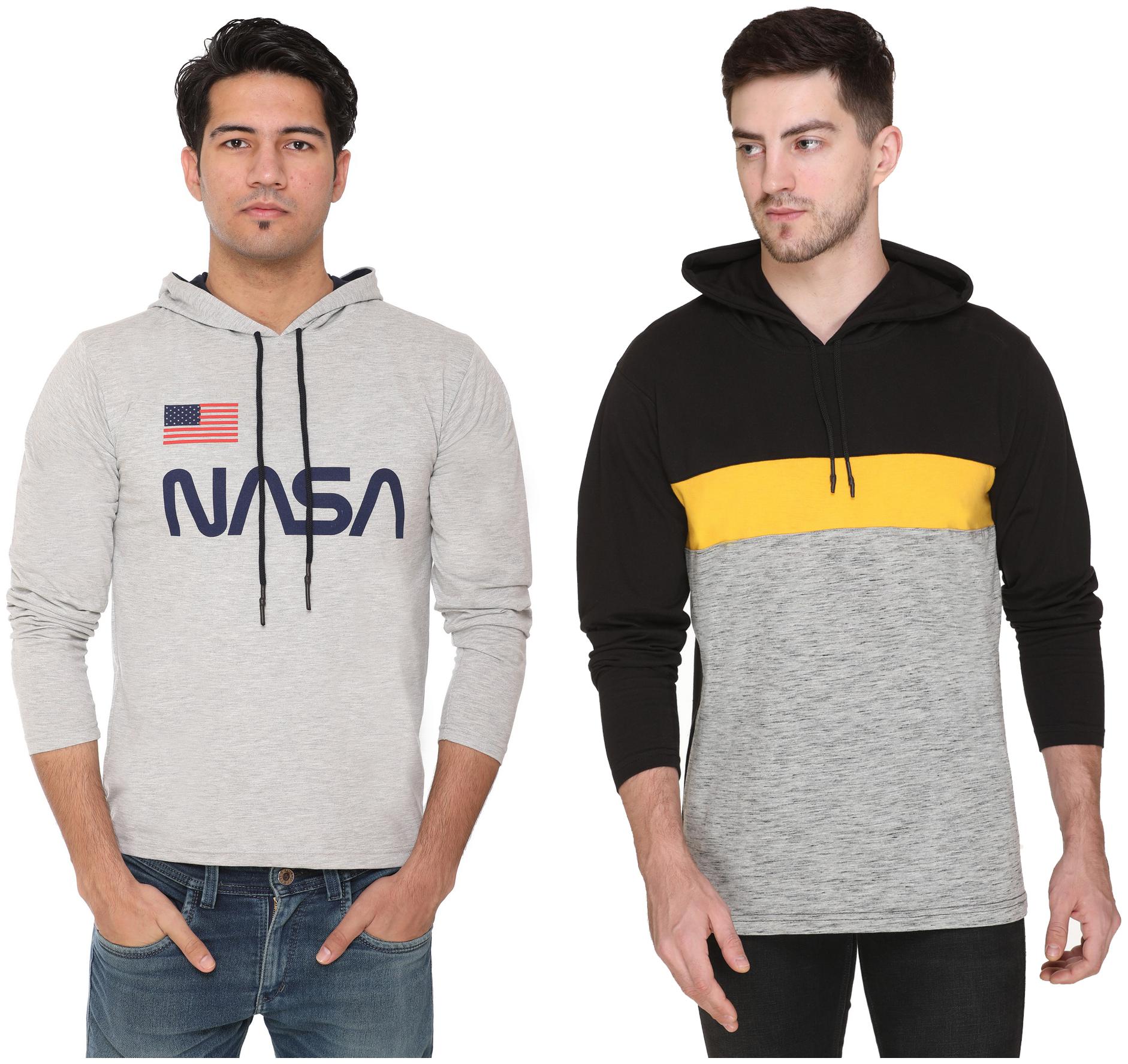 

HVBK Men Black Grey Regular fit Cotton Blend Hood T-Shirt - Pack Of 2