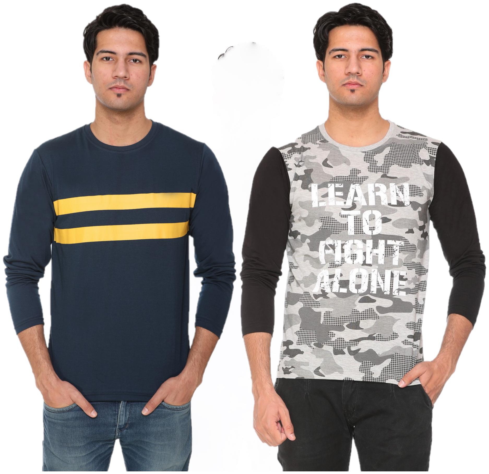 

HVBK Men Grey Blue Regular fit Cotton Blend Round neck T-Shirt - Pack Of 2