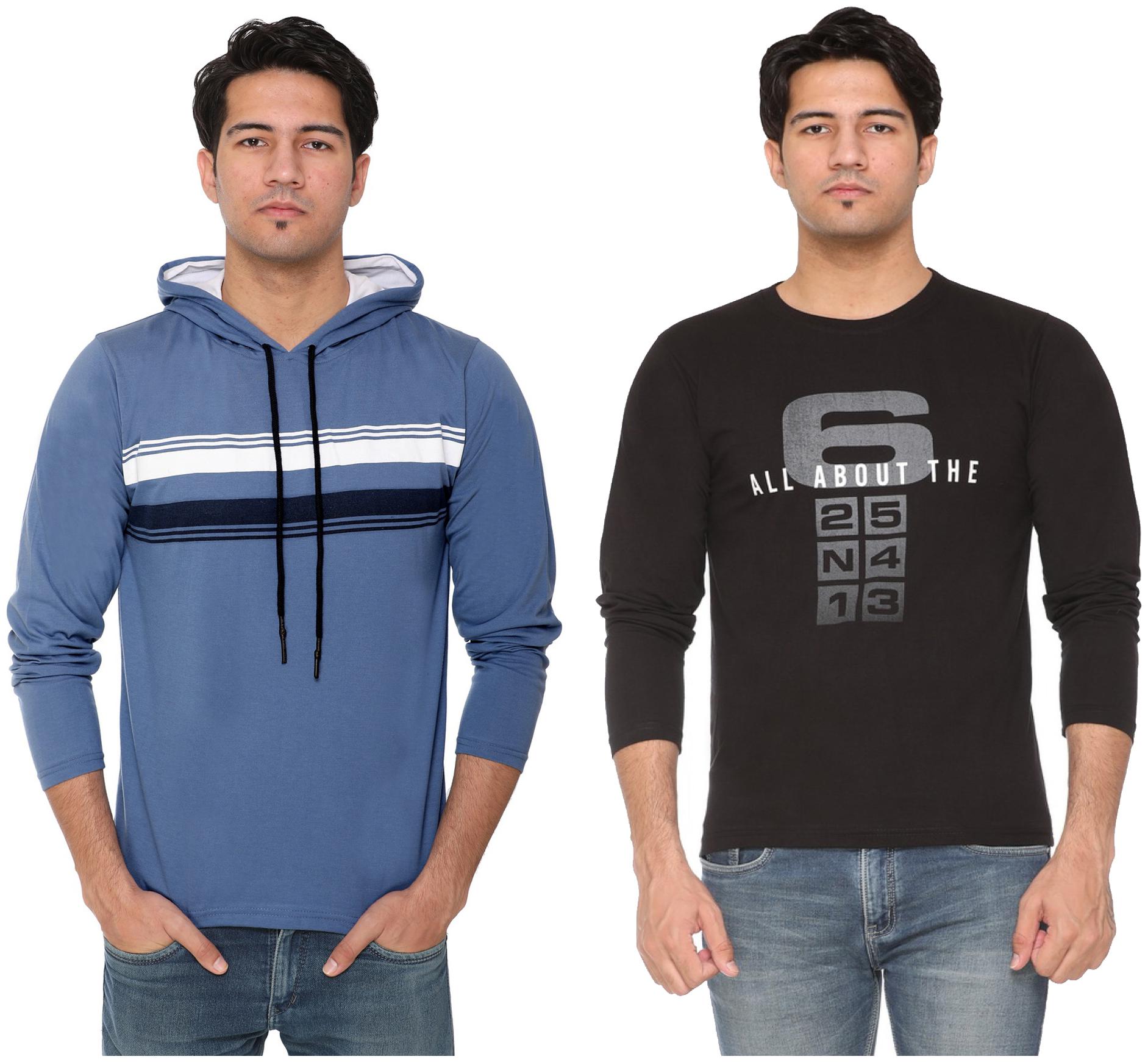 

HVBK Men Black Blue Regular fit Cotton Blend Hood T-Shirt - Pack Of 2