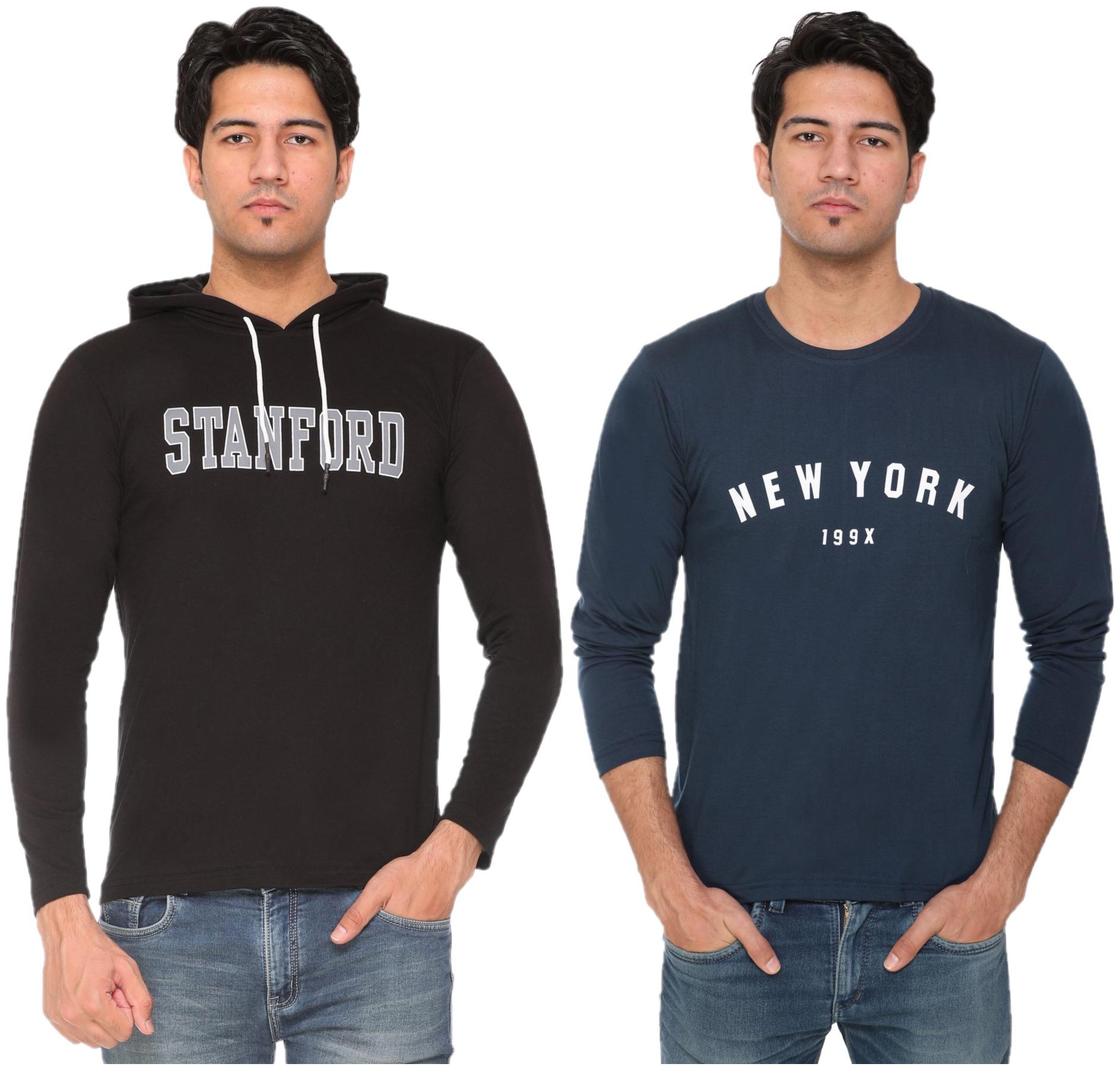 

HVBK Men Black Blue Regular fit Cotton Blend Hood T-Shirt - Pack Of 2