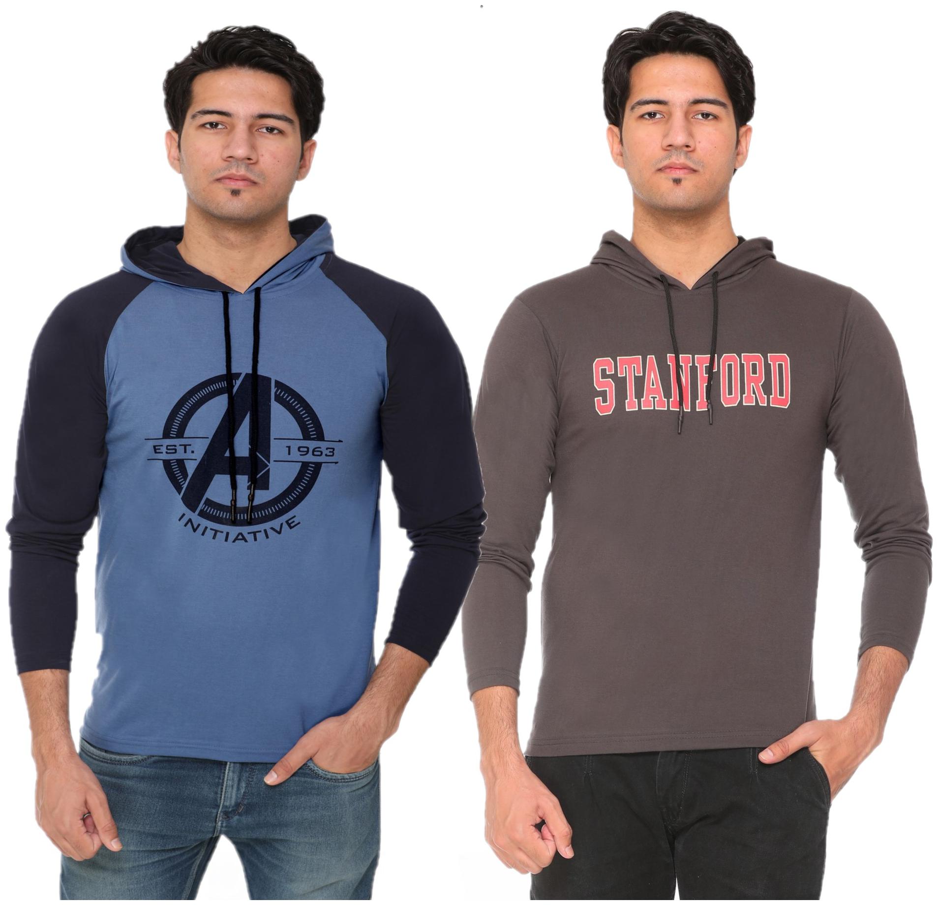 

HVBK Men Grey Blue Regular fit Cotton Blend Hood T-Shirt - Pack Of 2