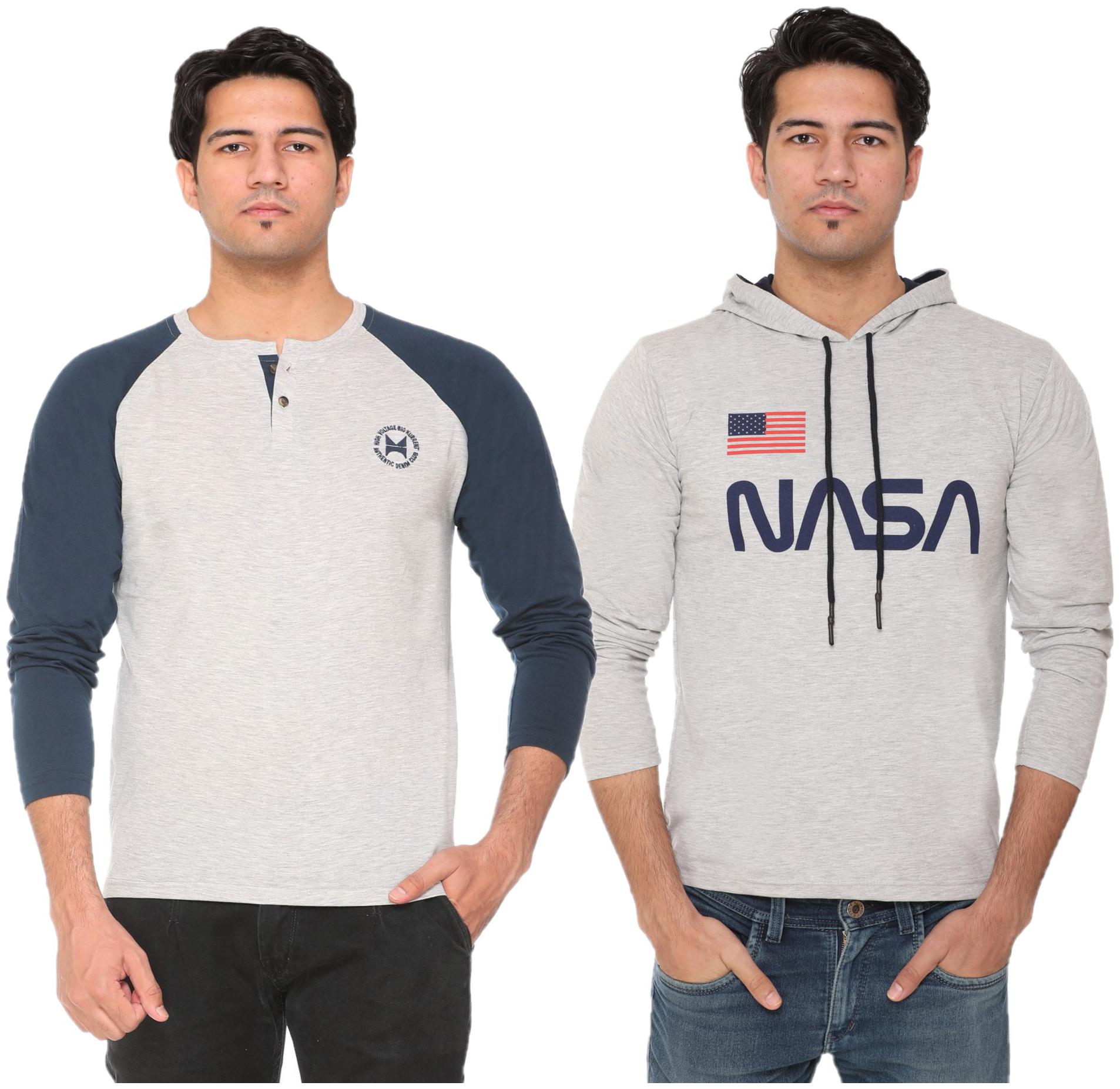 

HVBK Men Blue Grey Regular fit Cotton Blend Henley neck T-Shirt - Pack Of 2