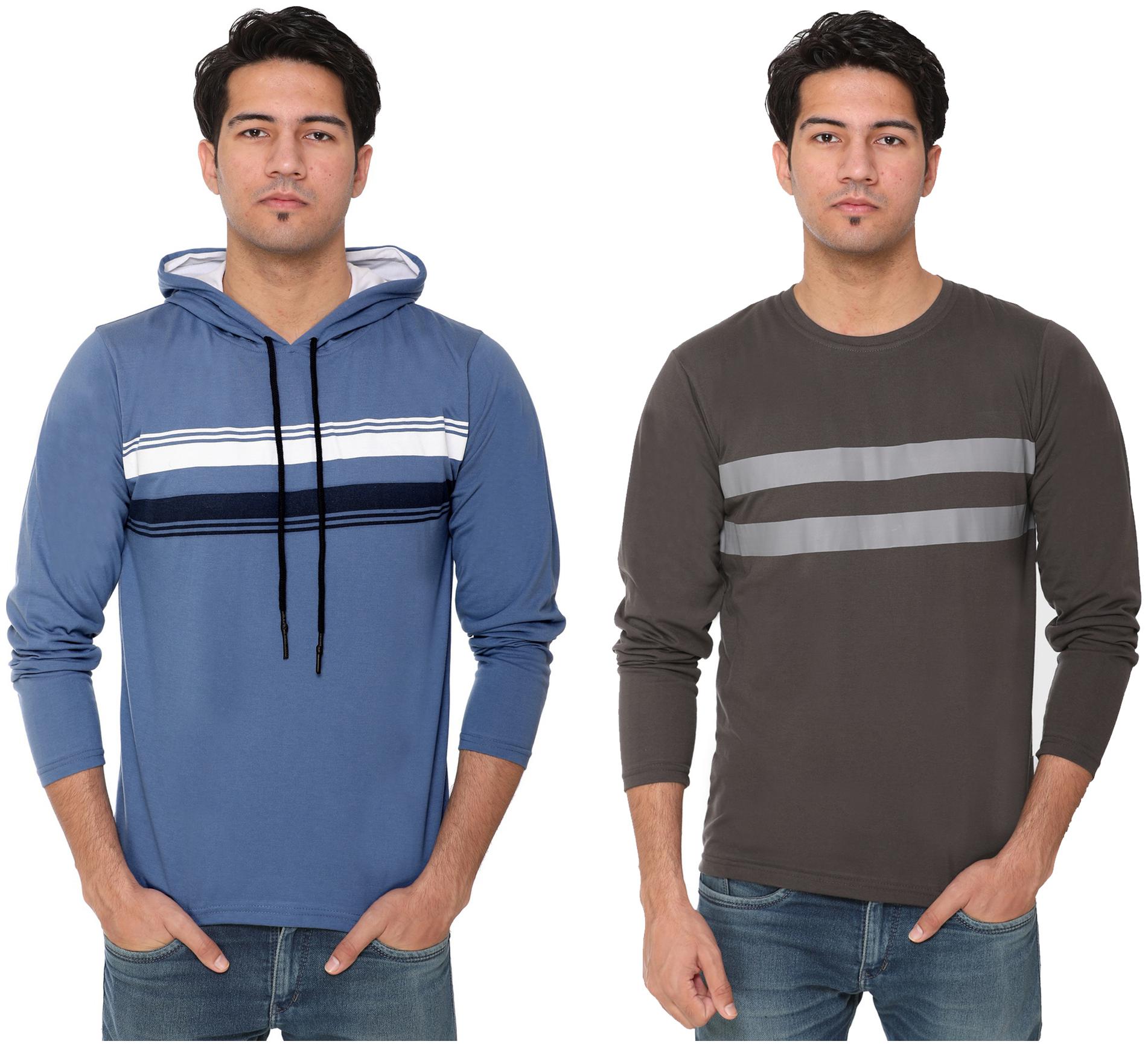 

HVBK Men Brown Blue Regular fit Cotton Blend Hood T-Shirt - Pack Of 2