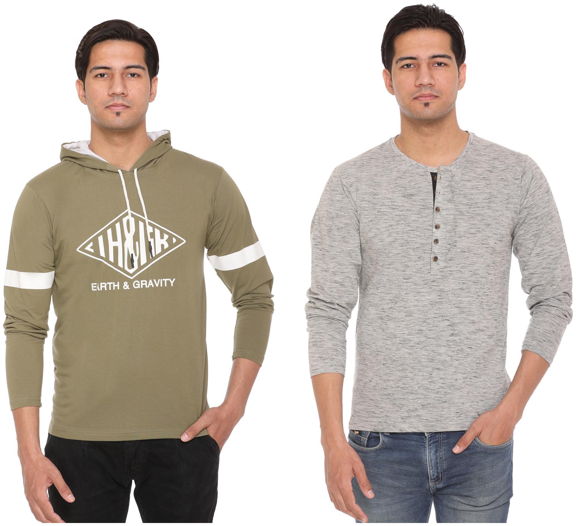 

HVBK Men Green Grey Regular fit Cotton Blend Hood T-Shirt - Pack Of 2