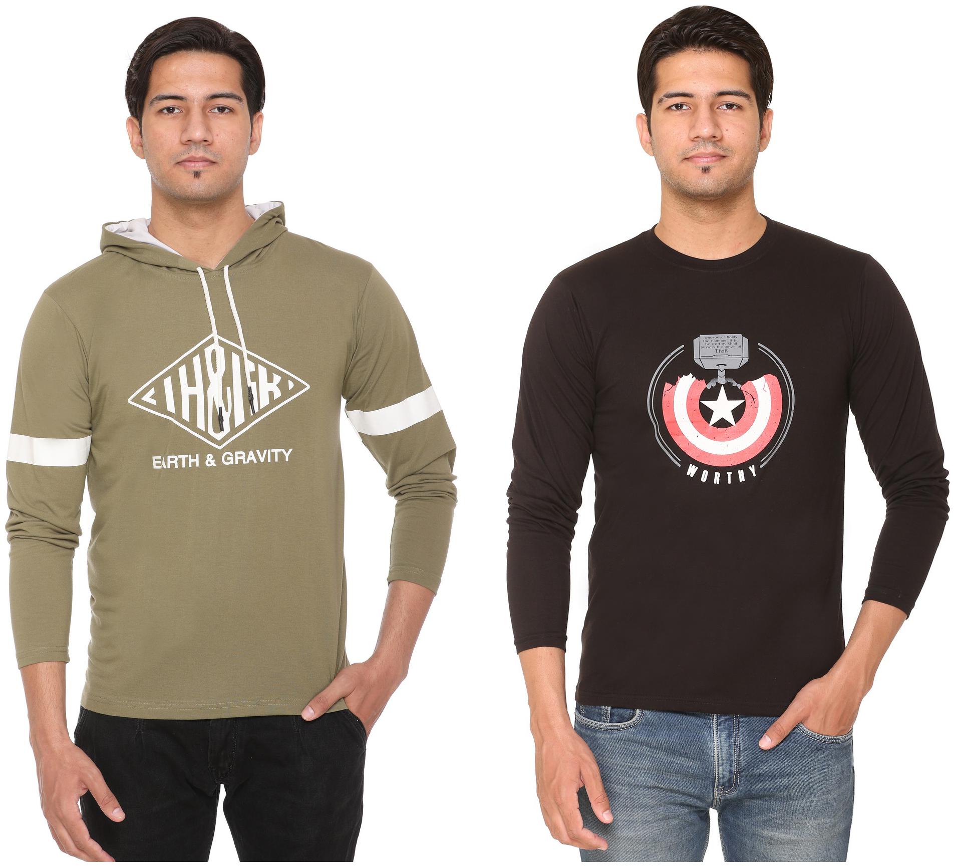 

HVBK Men Black Green Regular fit Cotton Blend Hood T-Shirt - Pack Of 2