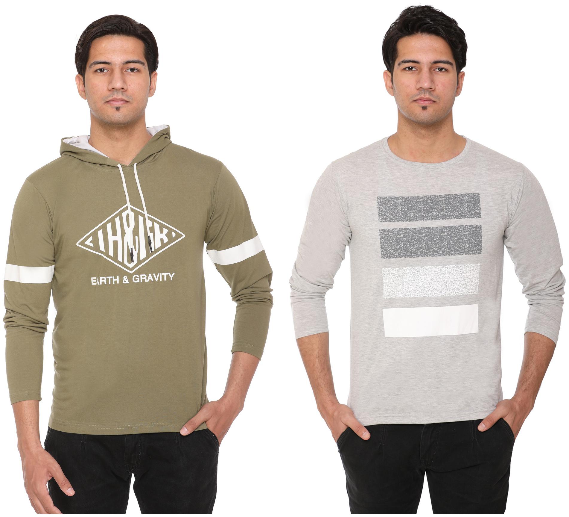 

HVBK Men Green Grey Regular fit Cotton Blend Hood T-Shirt - Pack Of 2