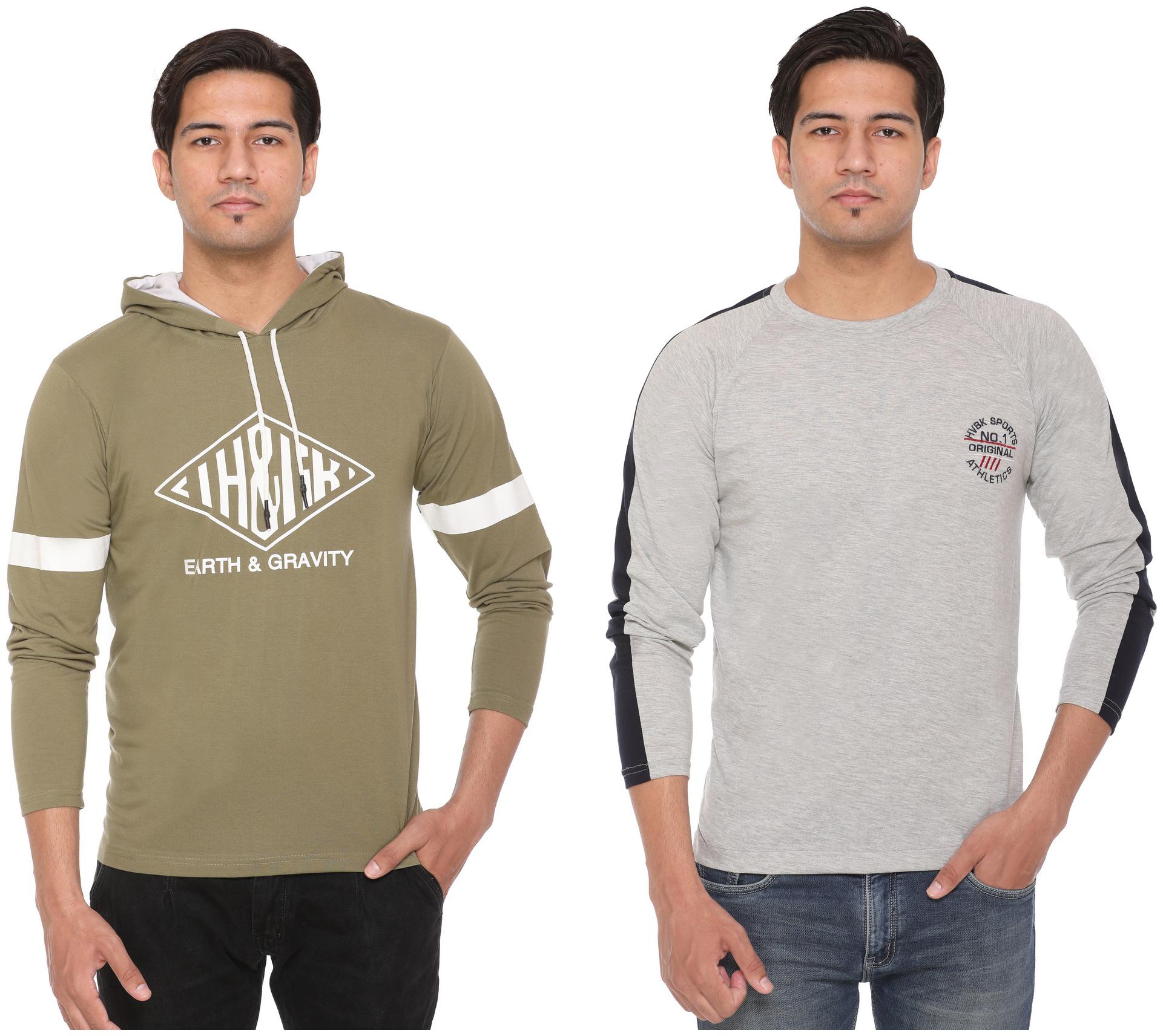 

HVBK Men Green Grey Regular fit Cotton Blend Hood T-Shirt - Pack Of 2