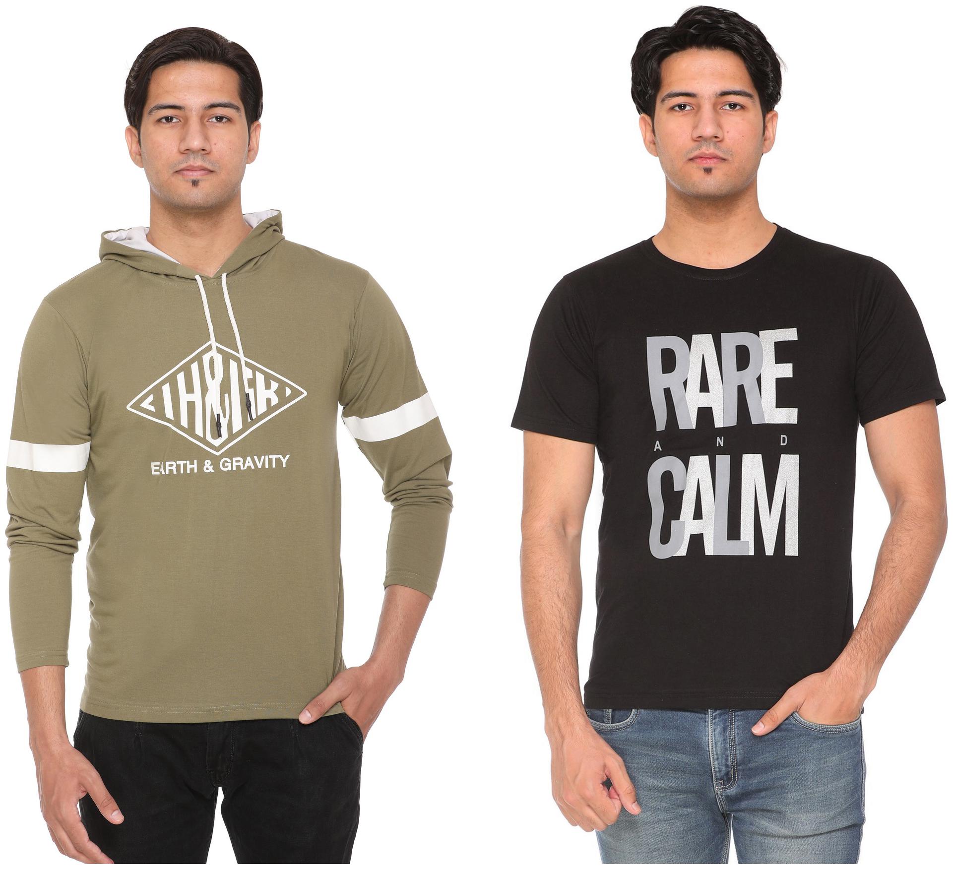 

HVBK Men Green Black Regular fit Cotton Blend Hood T-Shirt - Pack Of 2
