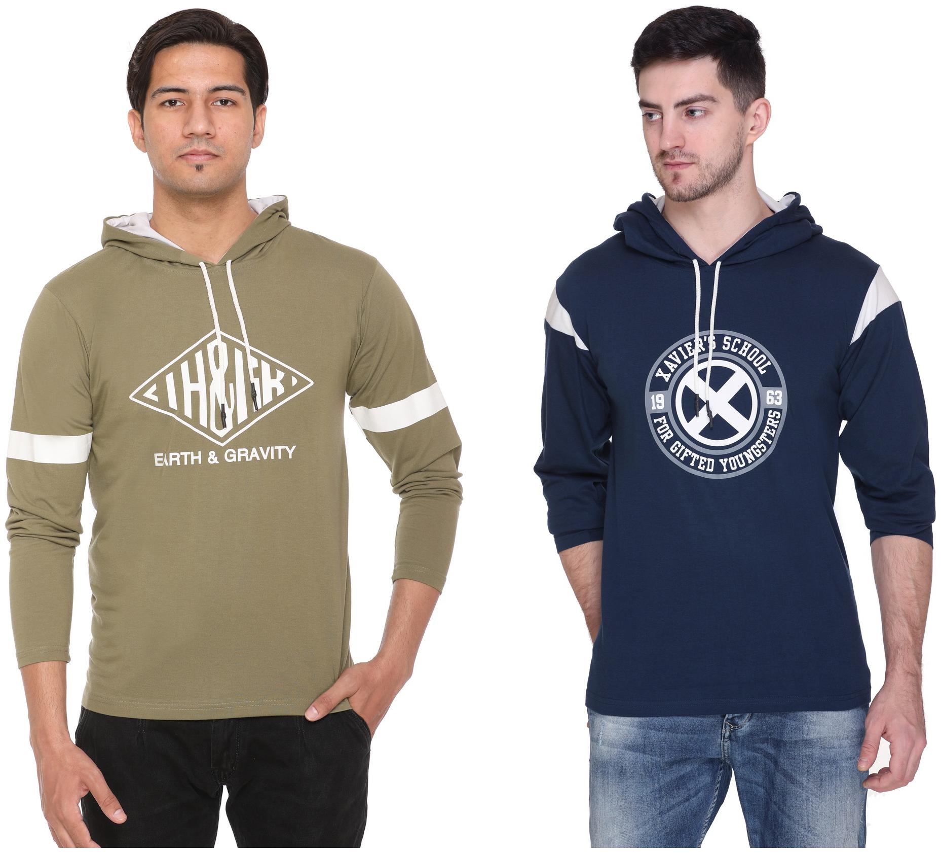 

HVBK Men Blue Green Regular fit Cotton Blend Hood T-Shirt - Pack Of 2