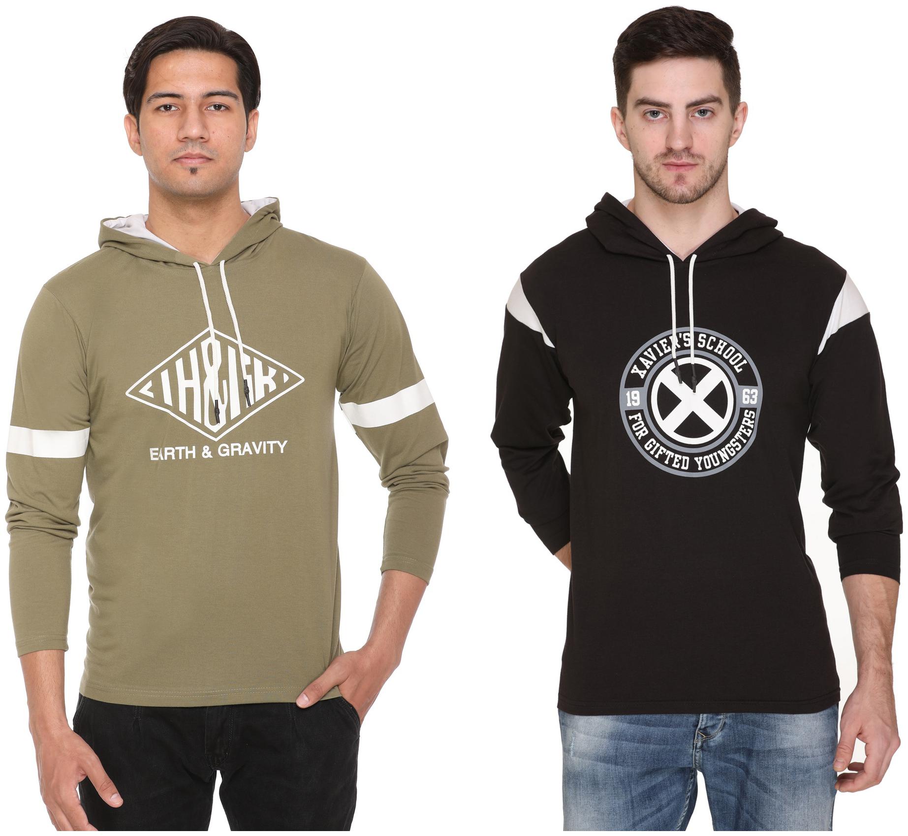 

HVBK Men Black Green Regular fit Cotton Blend Hood T-Shirt - Pack Of 2