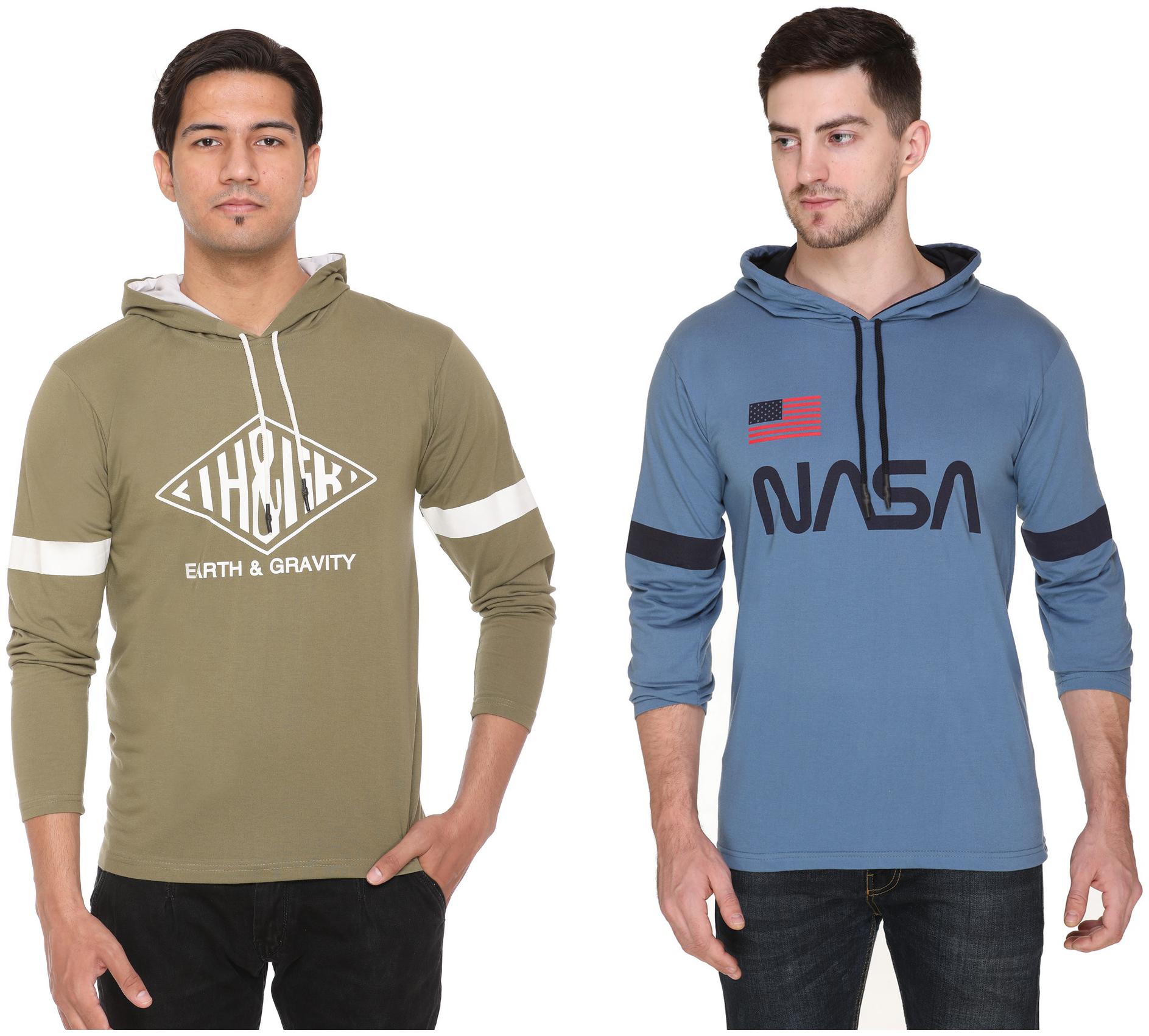 

HVBK Men Blue Green Regular fit Cotton Blend Hood T-Shirt - Pack Of 2