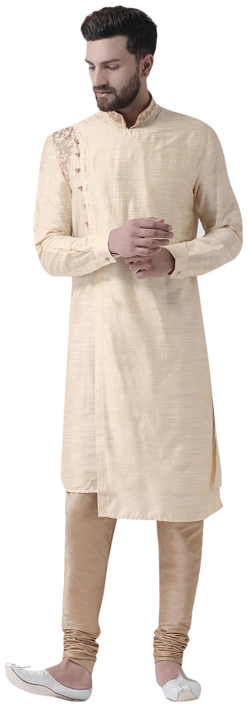 

I Know Angrakha Style Embroidered Beige Silk Men Kurta Only