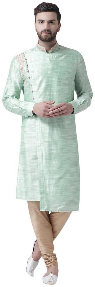 I Know Angrakha Style Embroidered Sea Green Silk Men Kurta Only