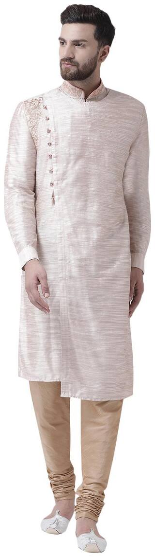 I Know Angrakha Style Embroidered Peach Silk Men Kurta Only