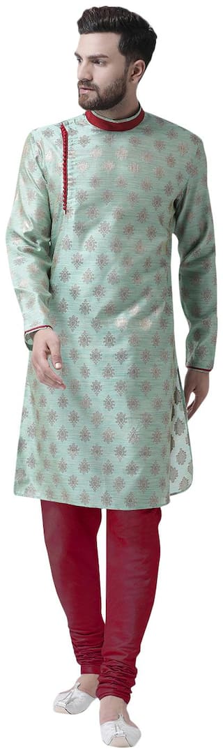 I Know Angrakha Style Contrast Potli Button Sea Green Jacquard Silk Men Kurta Only