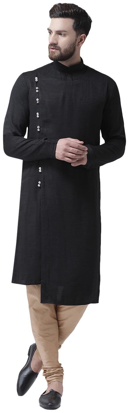 

I Know Angrakha Sherwani Style Black Cotton Silk Men Kurta Only