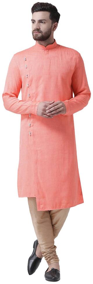I Know Angrakha Sherwani Style Peach Cotton Silk Men Kurta Only