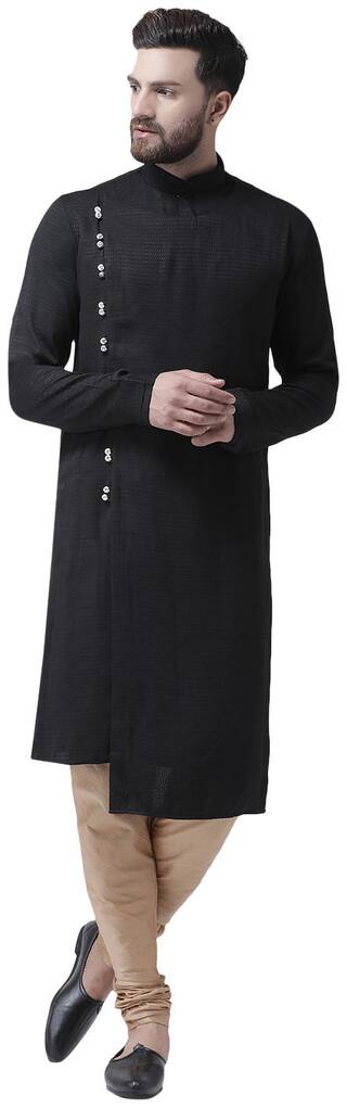 I Know Angrakha Sherwani Style Black Cotton Silk Men Kurta with Dupion Silk Churidar