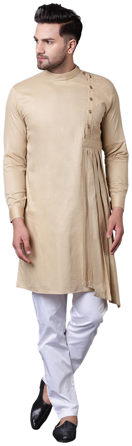 

I Know Aristocratic Angrakha Style Pleated Beige Men s Kurta with White Trousers