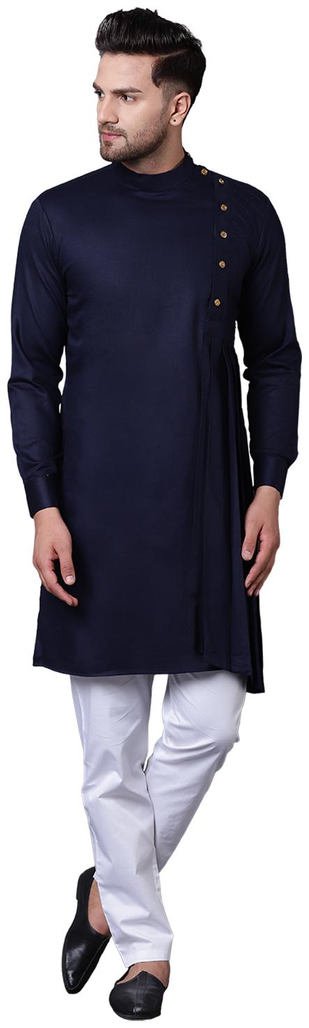 

I Know Aristocratic Angrakha Style Pleated Navy Blue Men s Kurta Only