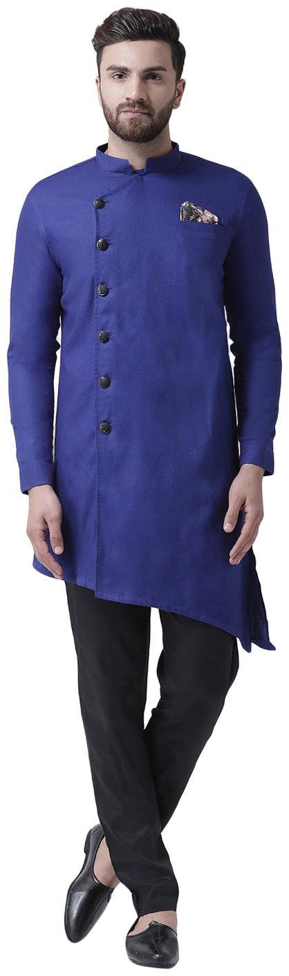 

I Know Asymmetric Blue Cotton Men Kurta with Pocket Square and Cotton Trousers