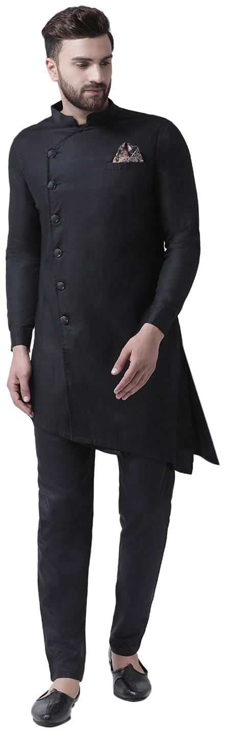 

I Know Asymmetric Black Cotton Men Kurta with Pocket Square