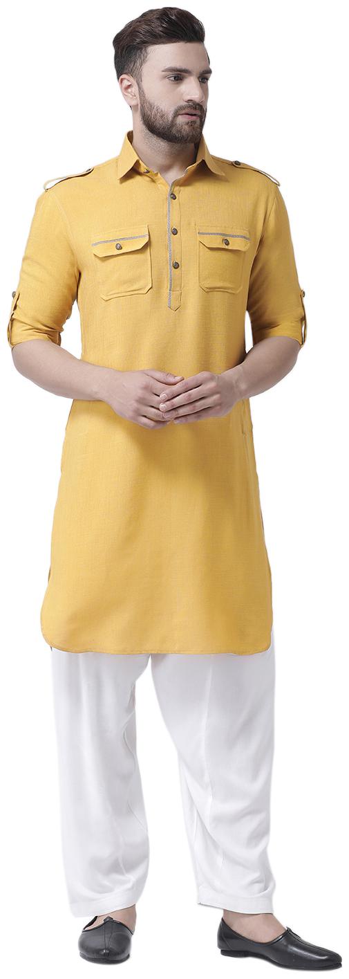

I Know Contrast Piping Mustard Cotton Silk Men Pathani Kurta Only