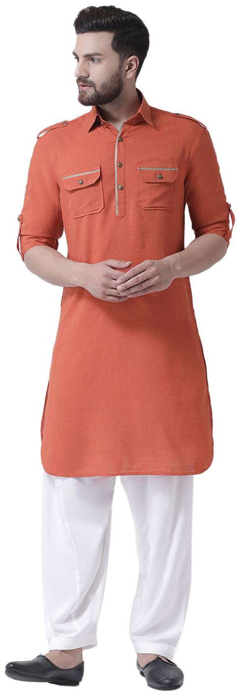 

I Know Contrast Piping Orange Cotton Silk Men Pathani Kurta Only