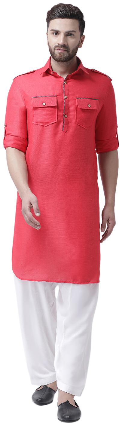 

I Know Contrast Piping Pink Jute Silk Men Pathani Kurta with Viscose Rayon Salwar