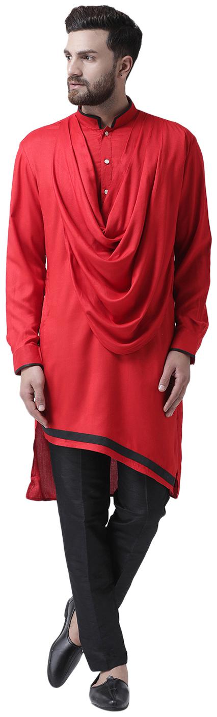 

I Know Cowl Neck Red Viscose Rayon Asymmetric Men Kurta with Dupion Silk Pyjamas