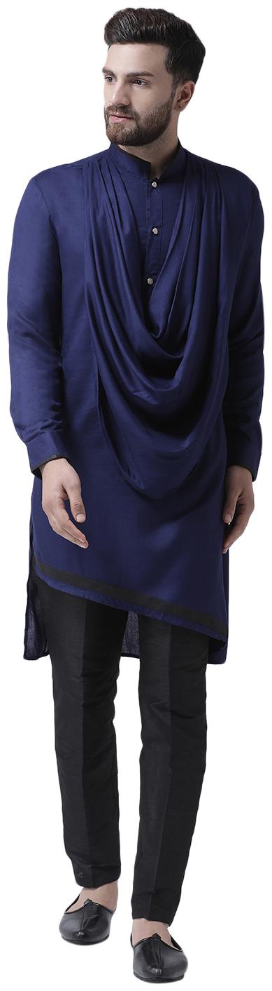 

I Know Cowl Neck Navy Blue Viscose Rayon Asymmetric Men Kurta with Dupion Silk Pyjamas