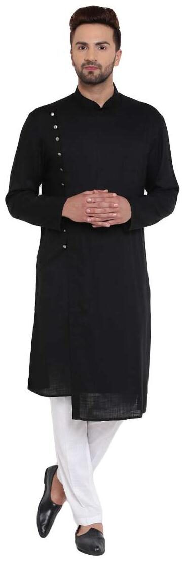 

I Know Dapper Overlap Sherwani Style Black Men s Kurta with White Pyjamas