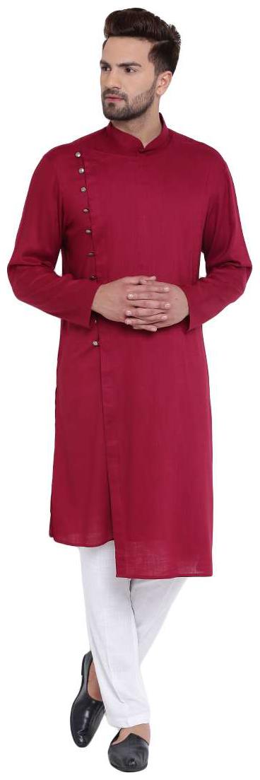 

I Know Dapper Overlap Sherwani Style Maroon Men s Kurta with White Pyjamas