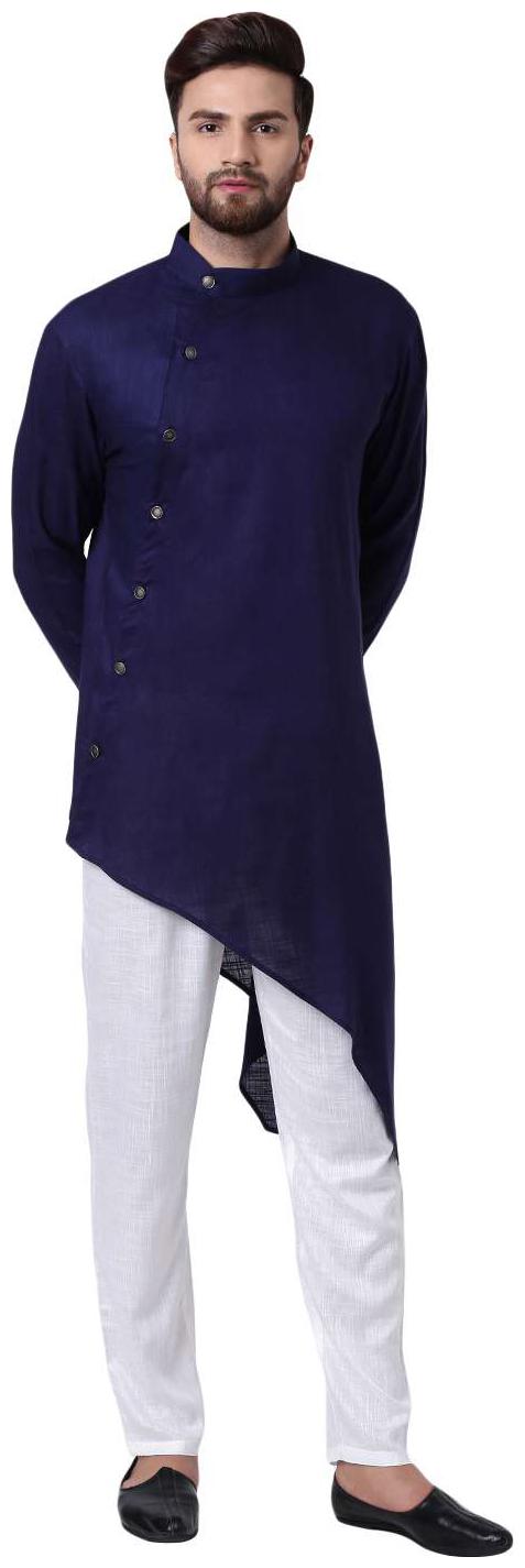 

I Know Daring Tilted Placket Asymmetric Navy Blue Men s Kurta with White Pyjamas
