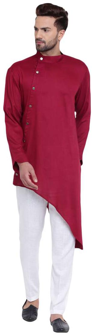 

I Know Daring Tilted Placket Asymmetric Maroon Men s Kurta with White Pyjamas