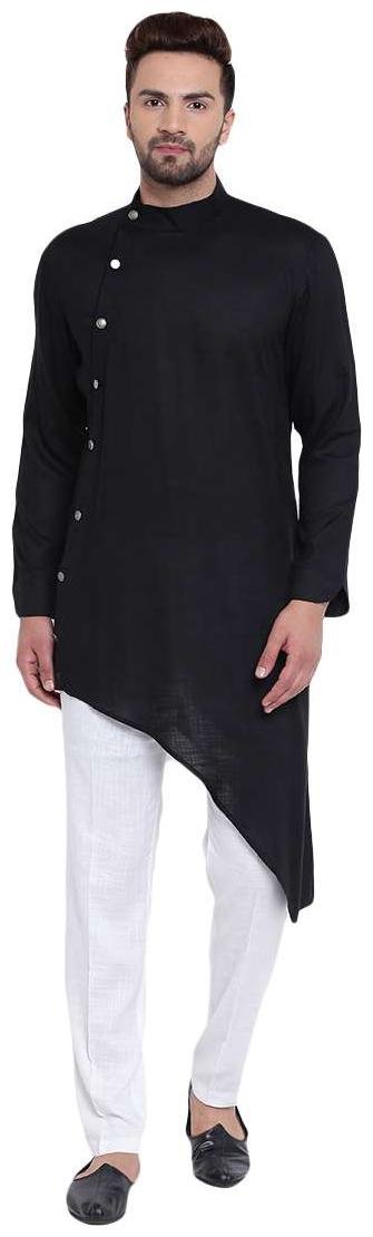 

I Know Daring Tilted Placket Asymmetric Black Men s Kurta with White Pyjamas