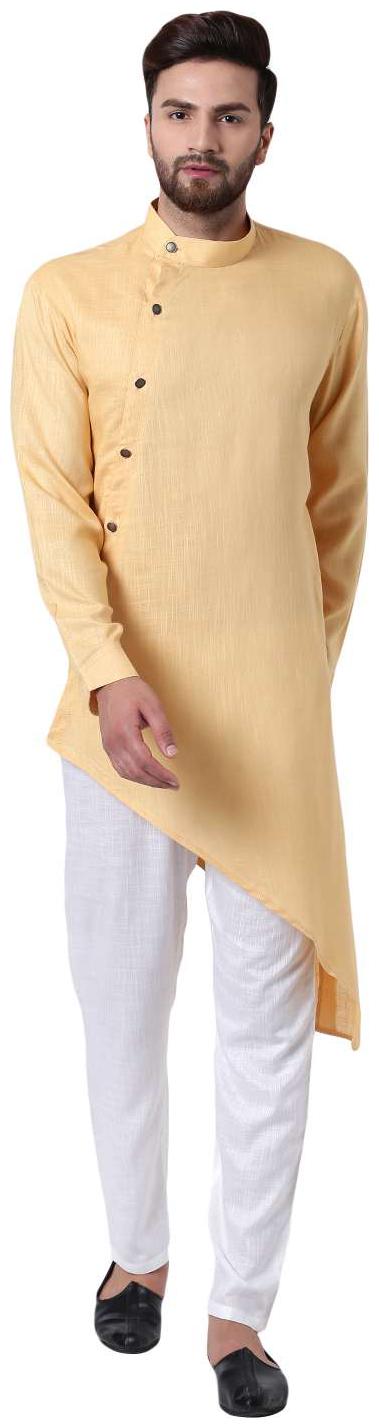 

I Know Daring Tilted Placket Asymmetric Beige Men s Kurta with White Pyjamas
