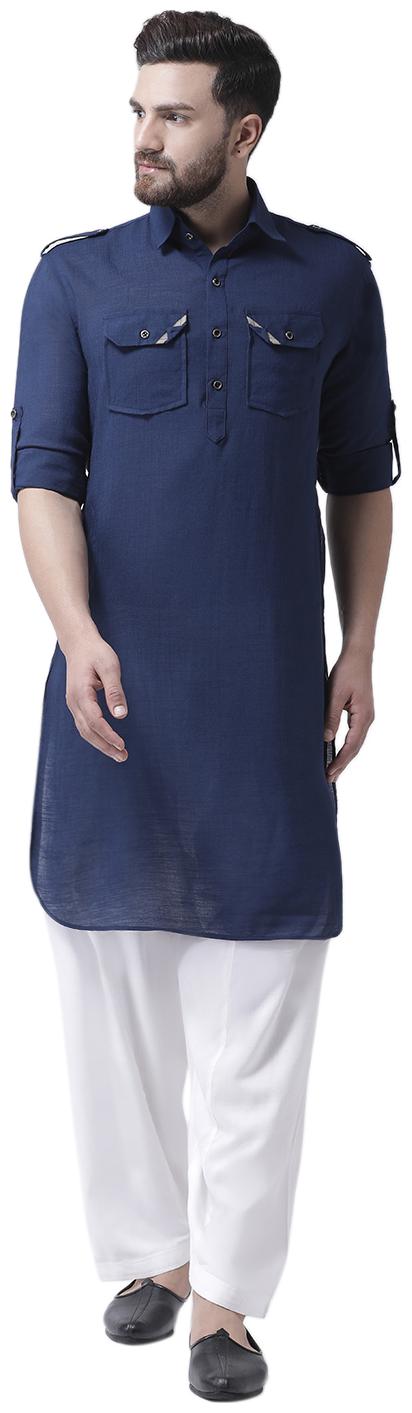

I Know Detail on Pocket Navy Blue Cotton Silk Men Pathani Kurta Only