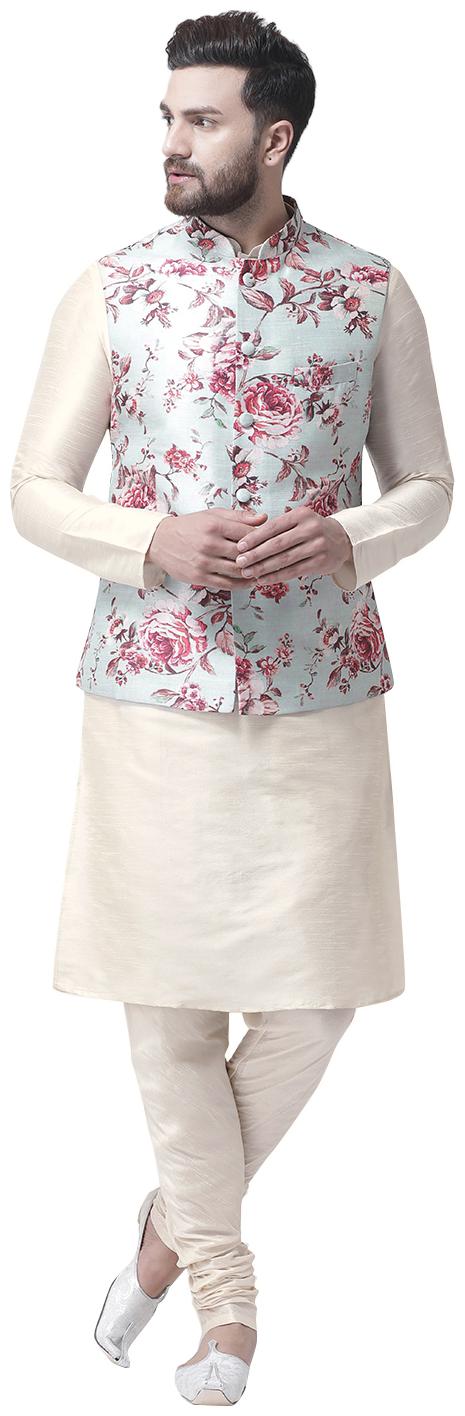 

I Know Egyptian Floral Print Light Dupion Silk Mens Nehru Jacket with Cream Dupion Silk Kurta Pyjama
