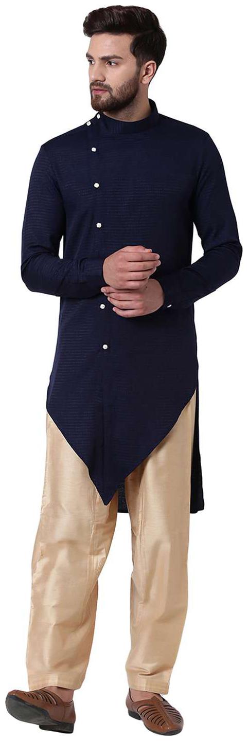 

I Know Elegant V-cut Asymmetric Navy Blue Men s Kurta with Beige Salwar
