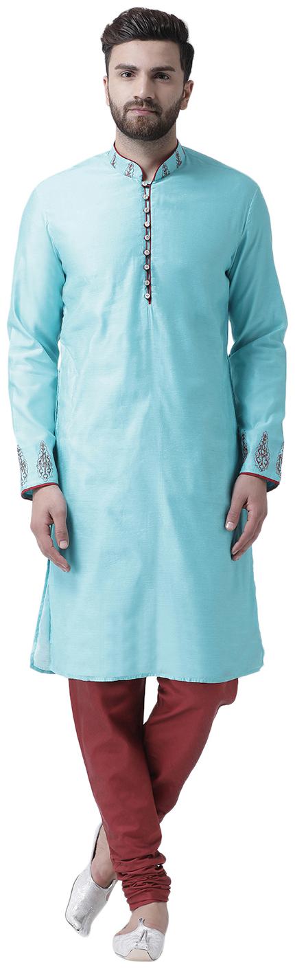 

I Know Embroidered Collar and Sleeve Blue Chanderi Silk Men Kurta with Dupion Silk Churidar