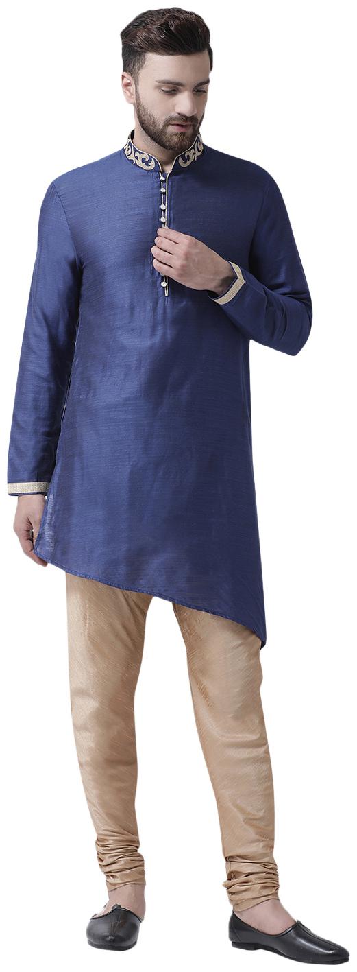 

I Know Embroidered Collar Asymmetric Navy Blue Silk Men Kurta Only