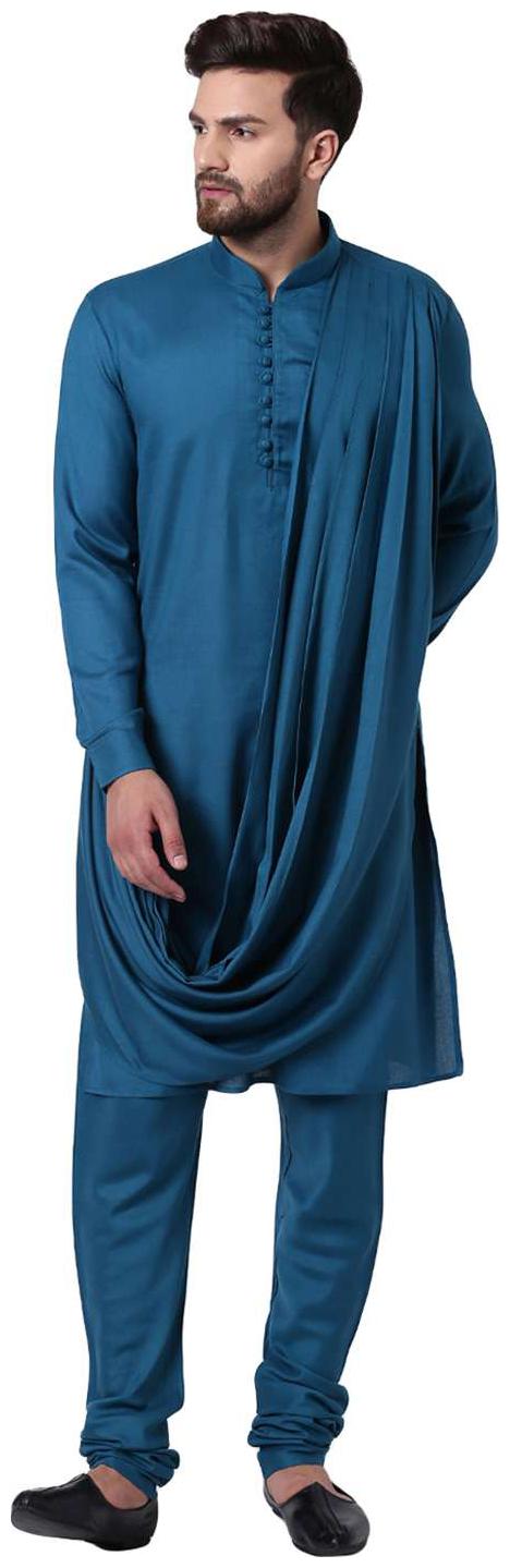 

I Know Fashionable Long Drape Teal Men s Kurta with Teal Churidar