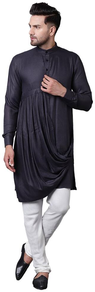 I Know King Cut Front Drape Grey Men's Kurta with White Churidar