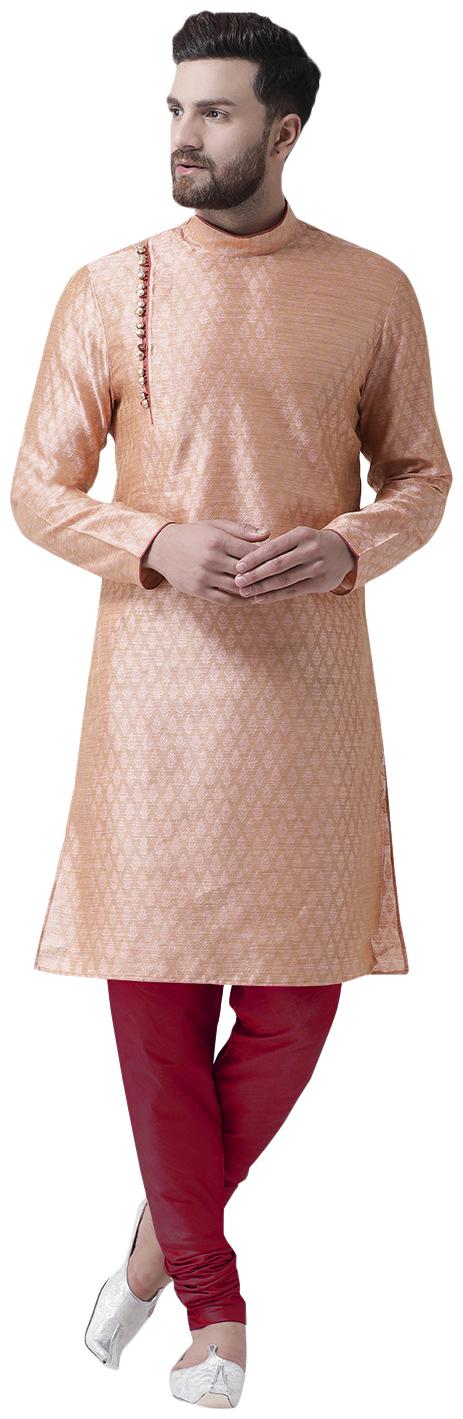 

I Know Loop Button Angrakha Style Peach Jacquard Silk Men Kurta Only