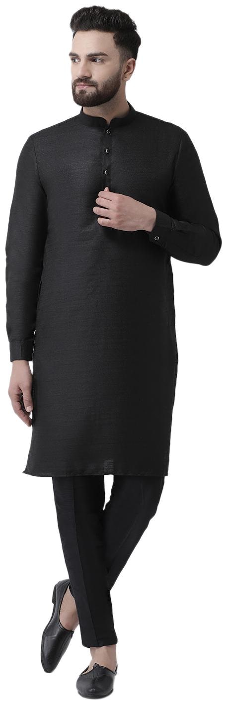 

I Know Men Black Silk Straight Kurta with Black Silk Trousers Set