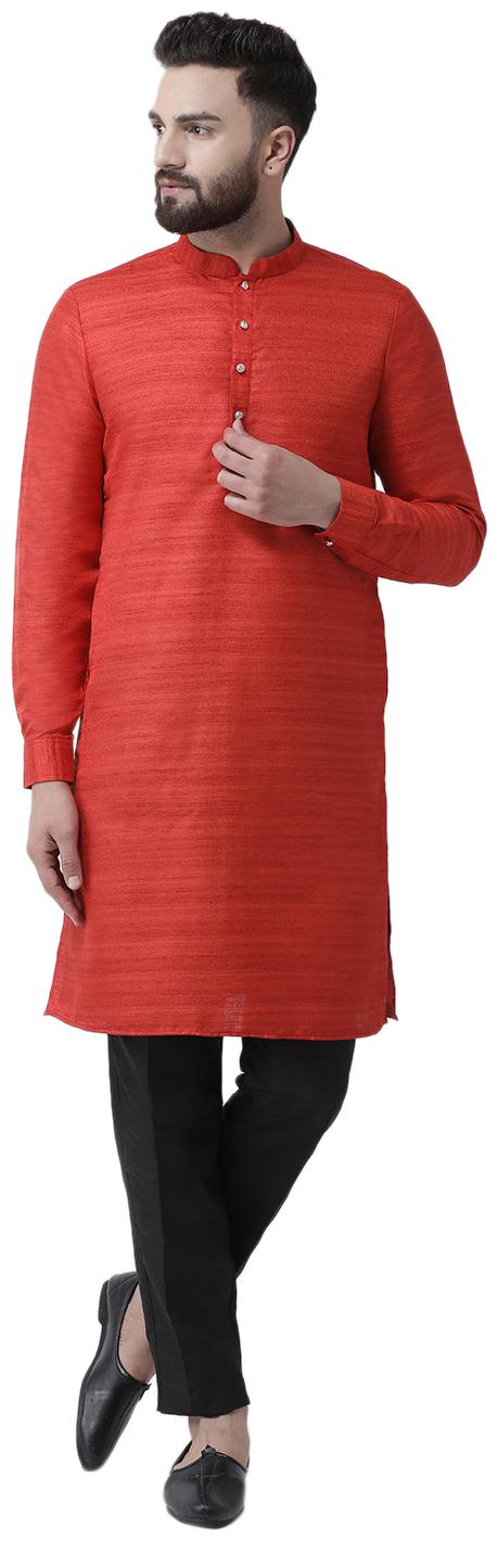 

I Know Men Red Silk Straight Kurta with Black Silk Trousers Set