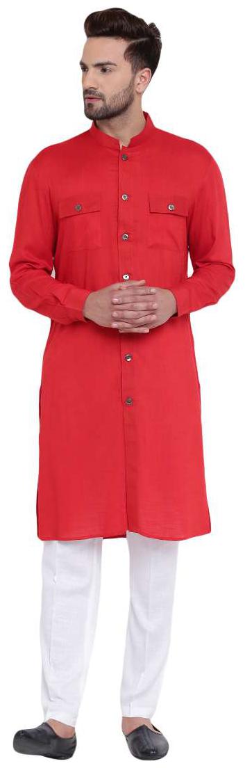

I Know Modish Mandarin Collar Front Open Red Men s Kurta with White Pyjamas